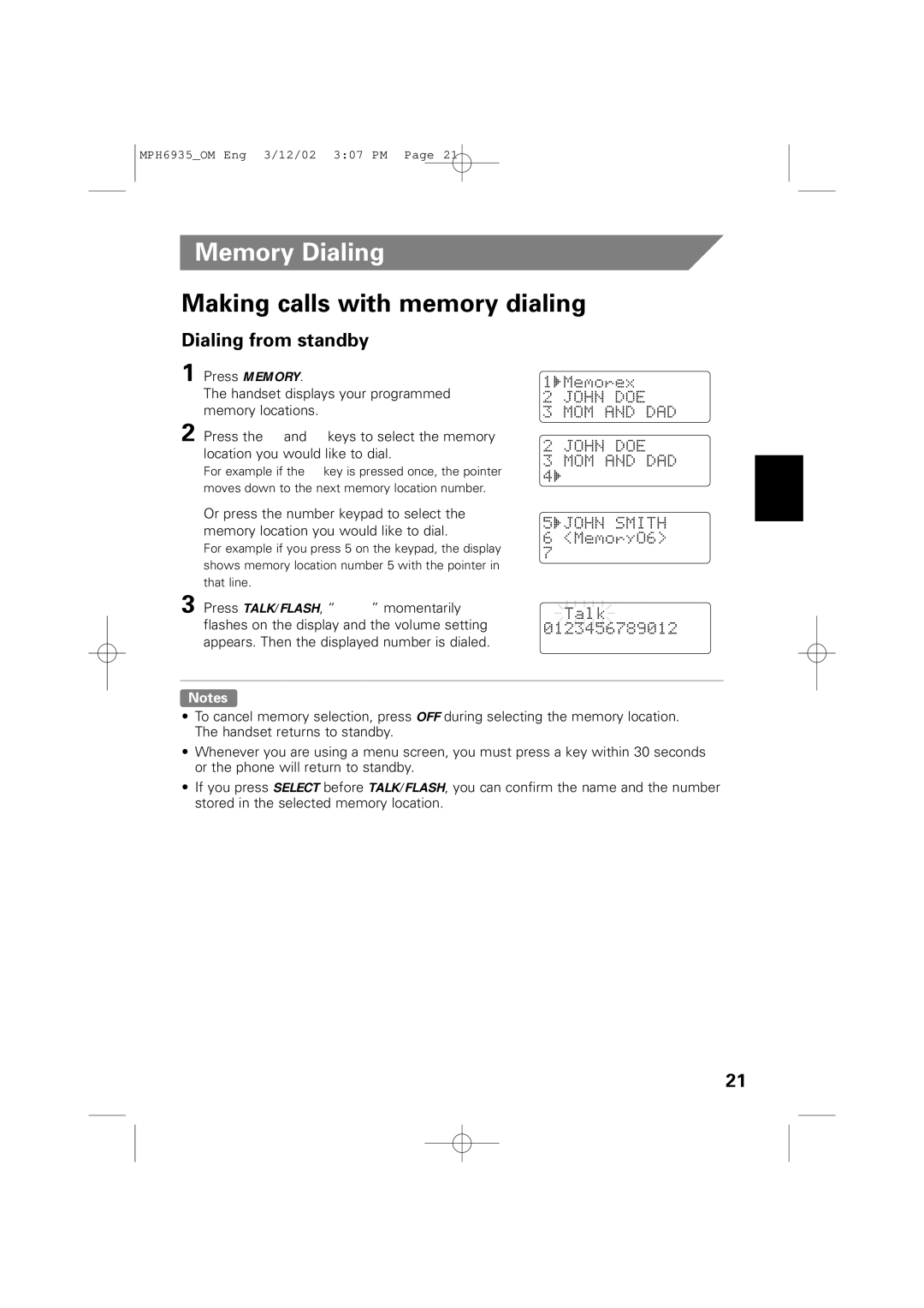 Memorex MPH6935 owner manual Memory Dialing, Making calls with memory dialing, Dialing from standby 