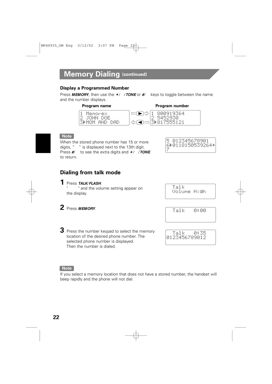 Memorex MPH6935 owner manual Dialing from talk mode, Display a Programmed Number 