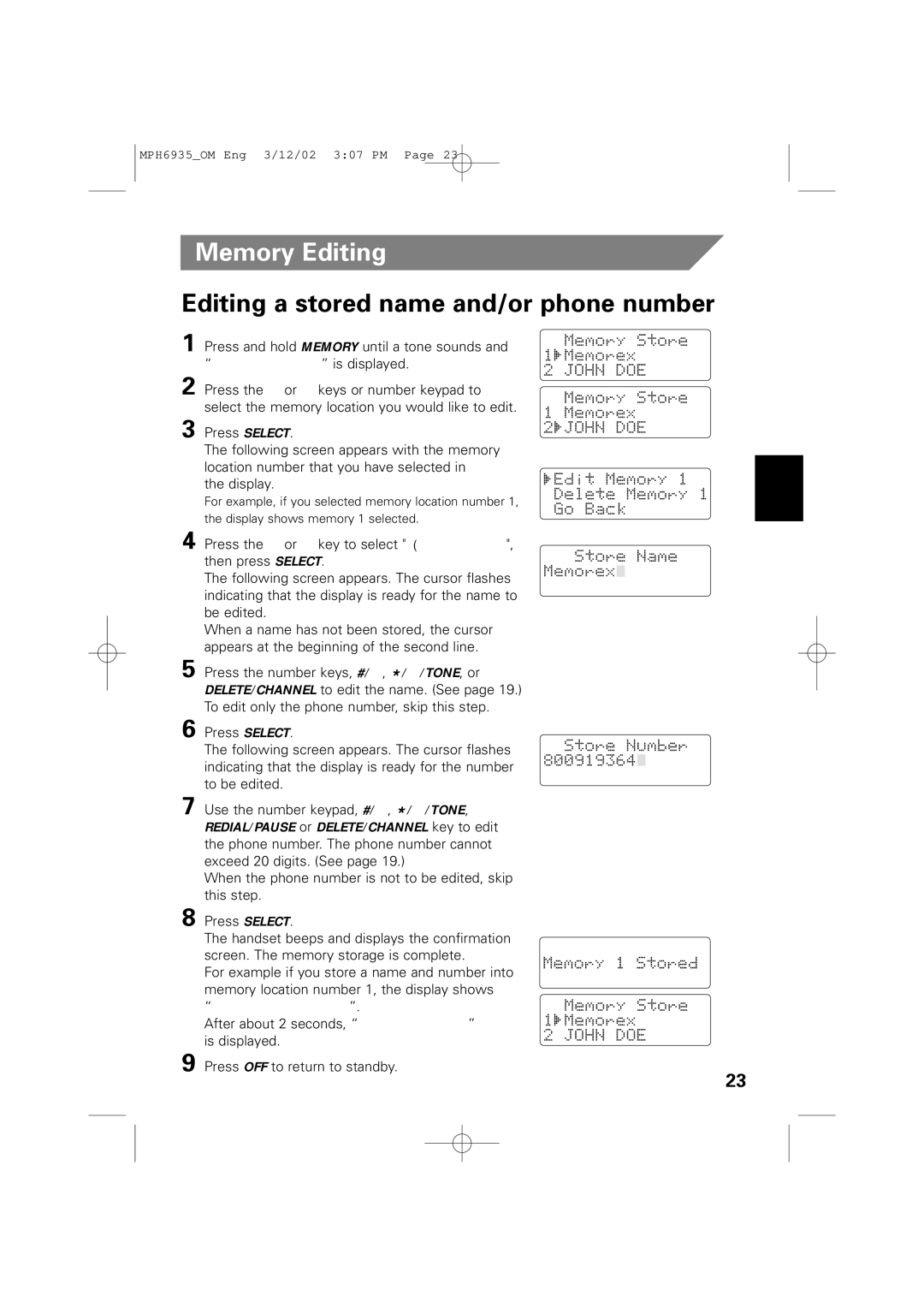 Memorex MPH6935 owner manual Memory Editing, Editing a stored name and/or phone number 