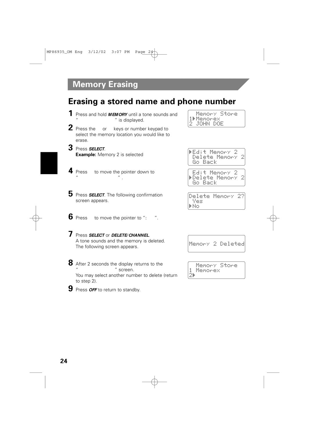 Memorex MPH6935 owner manual Memory Erasing, Erasing a stored name and phone number 