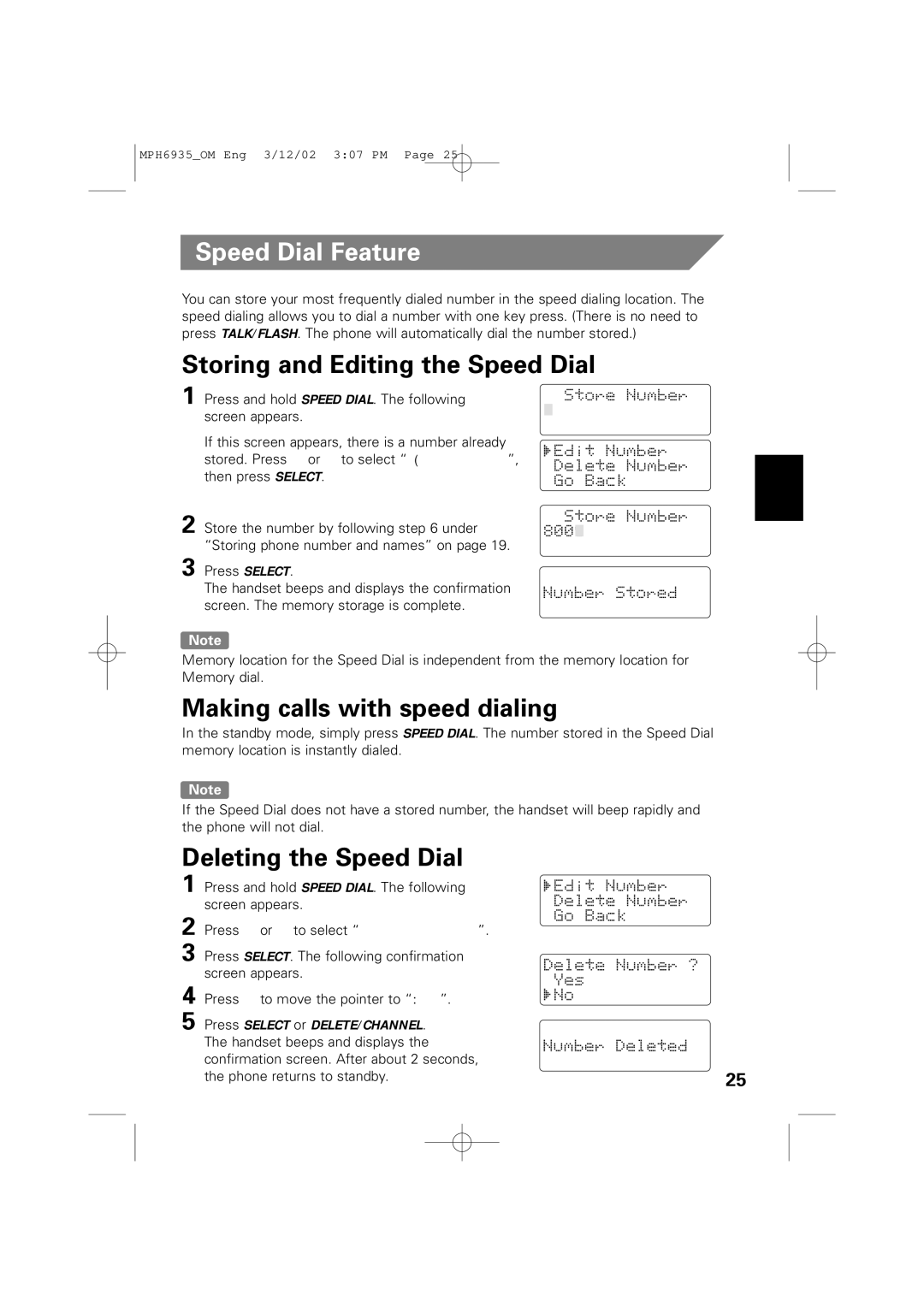 Memorex MPH6935 owner manual Speed Dial Feature, Storing and Editing the Speed Dial, Making calls with speed dialing 