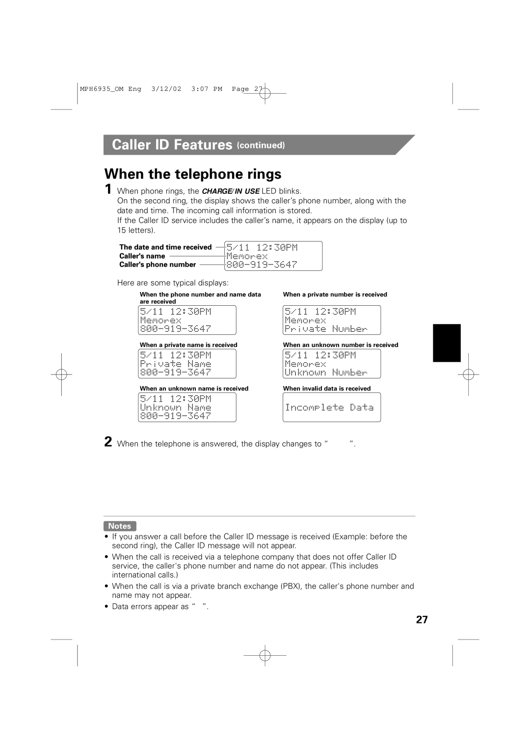 Memorex MPH6935 owner manual When the telephone rings 