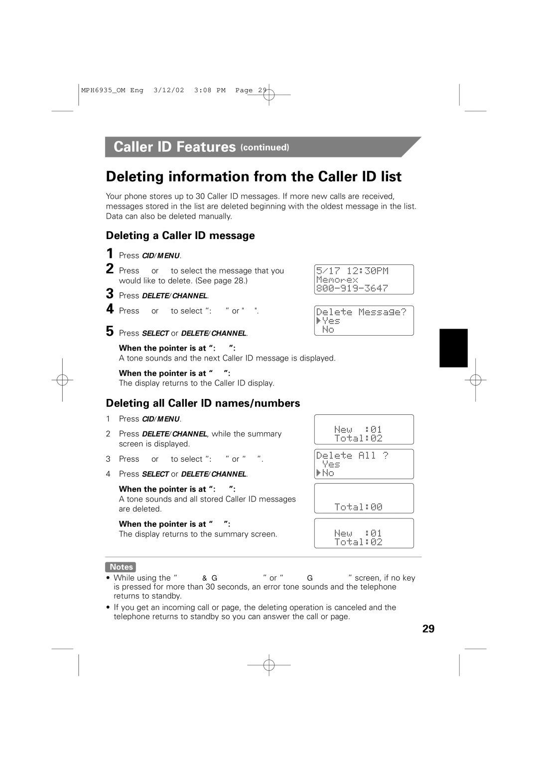 Memorex MPH6935 owner manual Deleting information from the Caller ID list, Deleting a Caller ID message 