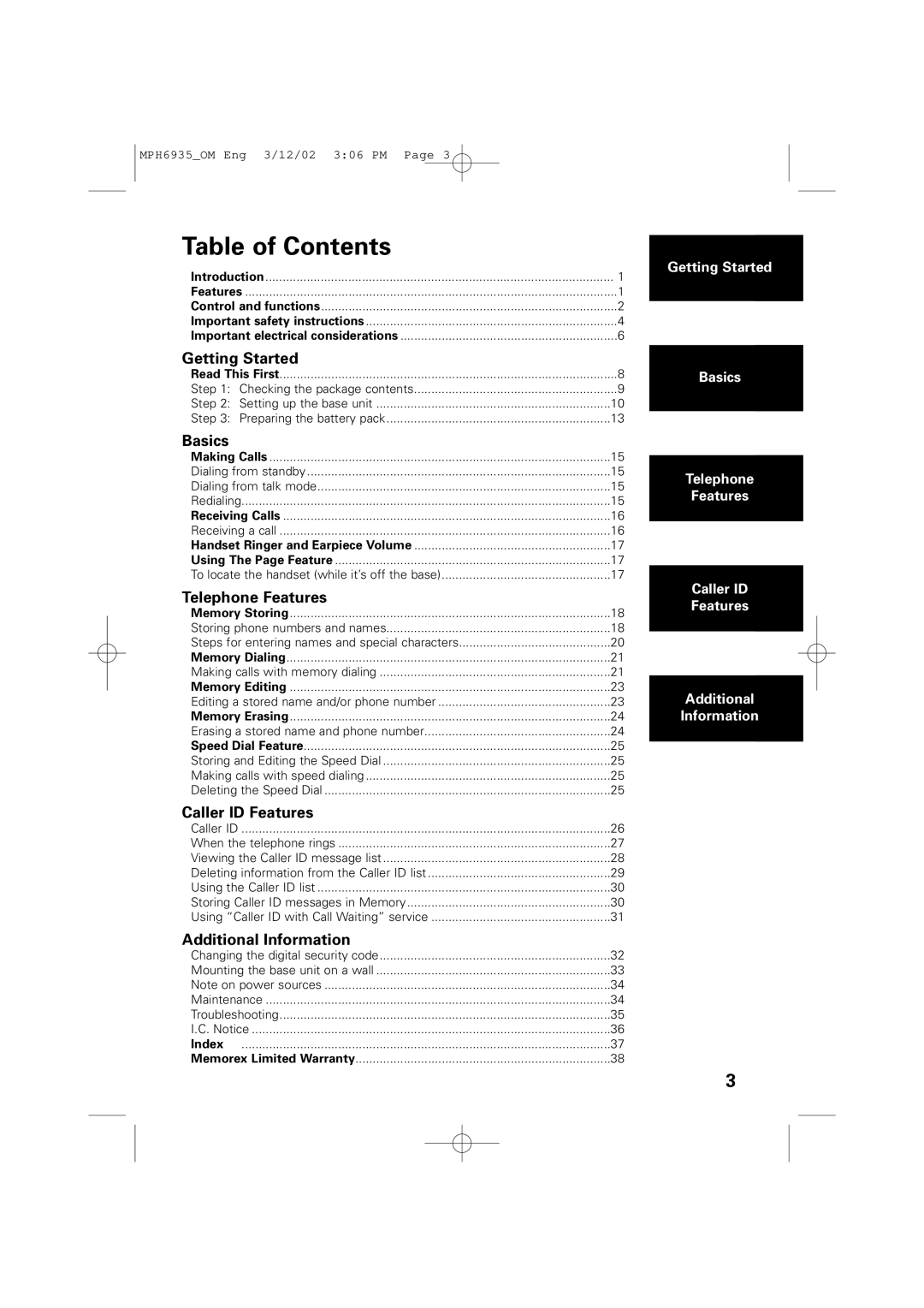 Memorex MPH6935 owner manual Table of Contents 