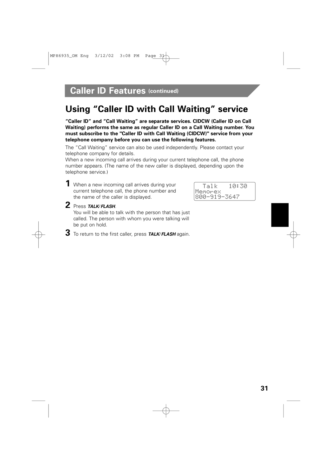 Memorex MPH6935 owner manual Using Caller ID with Call Waiting service 