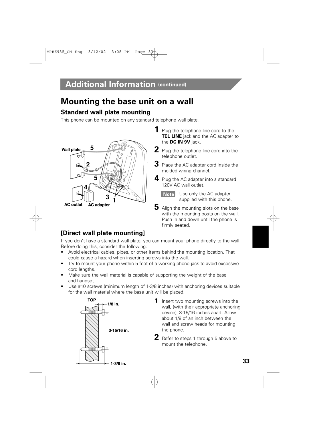 Memorex MPH6935 owner manual Mounting the base unit on a wall, Standard wall plate mounting, Direct wall plate mounting 