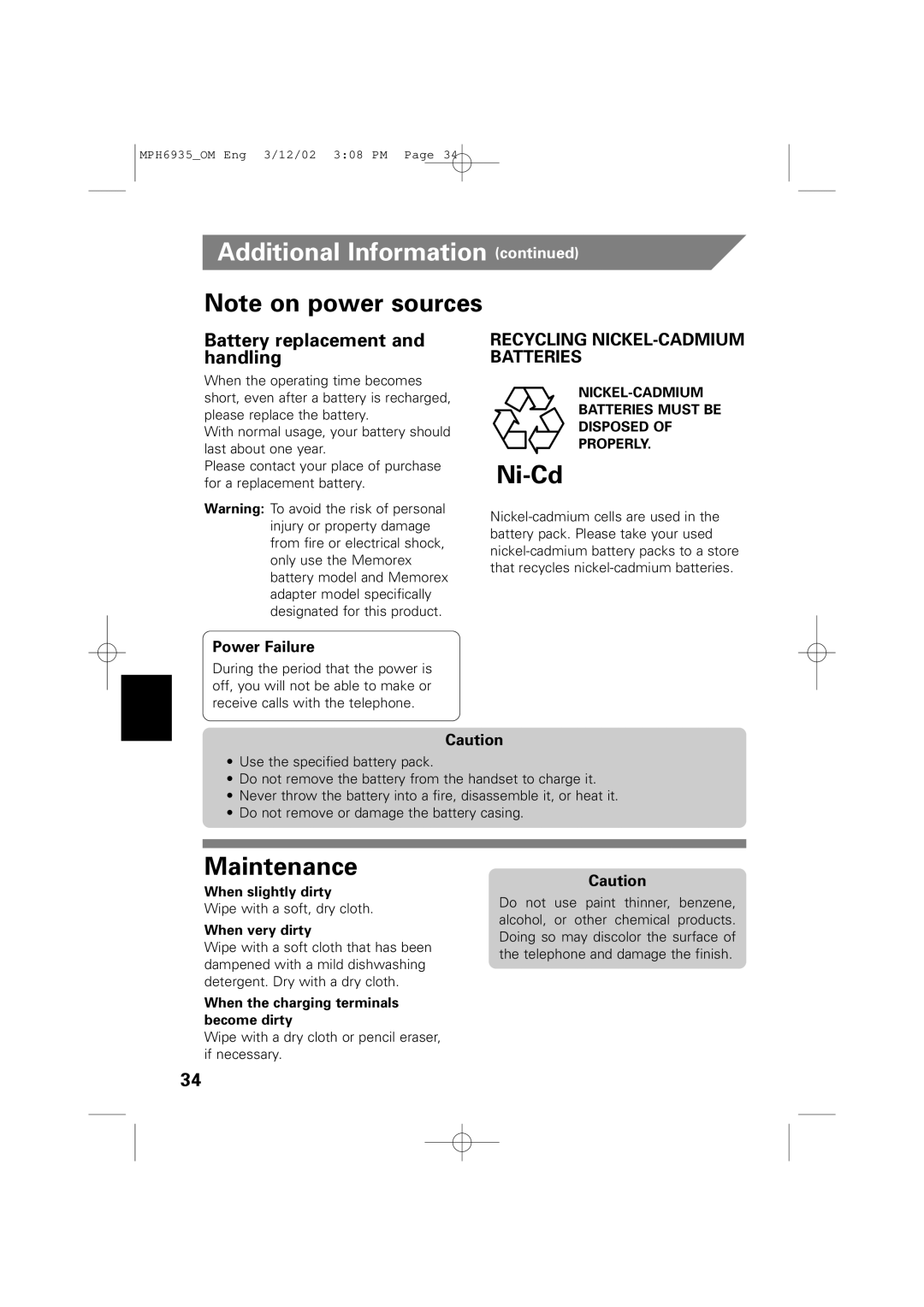 Memorex MPH6935 owner manual Ni-Cd, Maintenance, Battery replacement and handling, Power Failure 