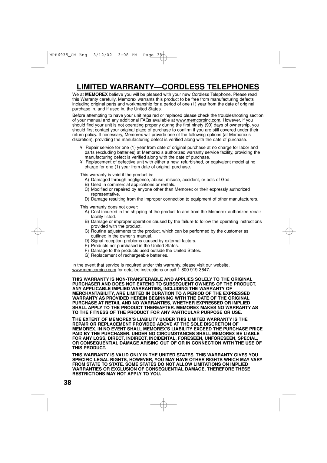 Memorex MPH6935 owner manual Limited WARRANTY-CORDLESS Telephones 