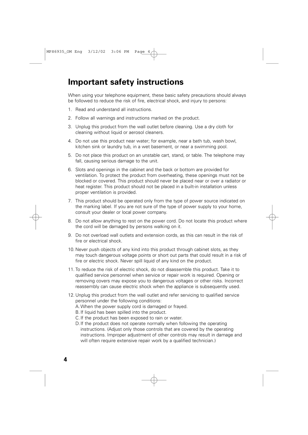 Memorex MPH6935 owner manual Important safety instructions 