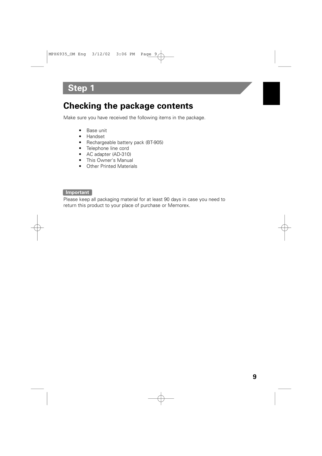 Memorex MPH6935 owner manual Step, Checking the package contents 