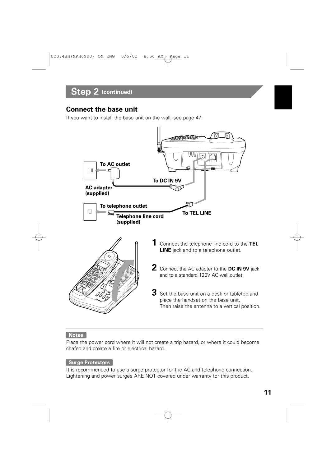 Memorex MPH6990 owner manual Connect the base unit, Surge Protectors 