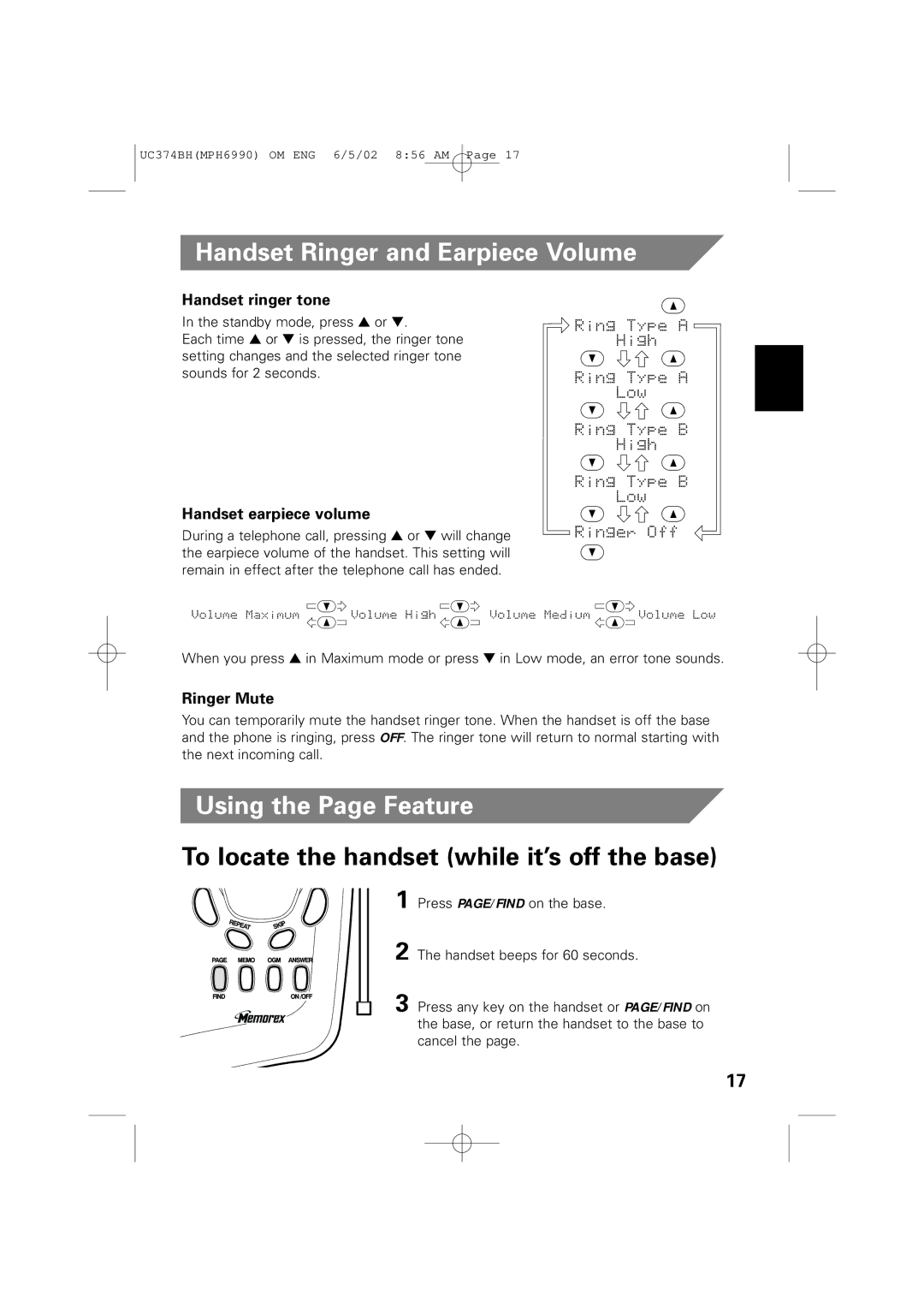 Memorex MPH6990 Handset Ringer and Earpiece Volume, Using the Page Feature, To locate the handset while it’s off the base 