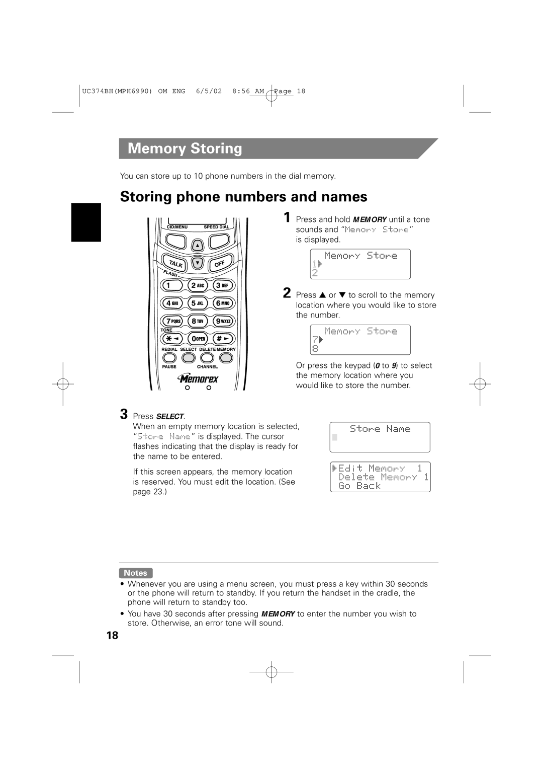 Memorex MPH6990 owner manual Memory Storing, Storing phone numbers and names 