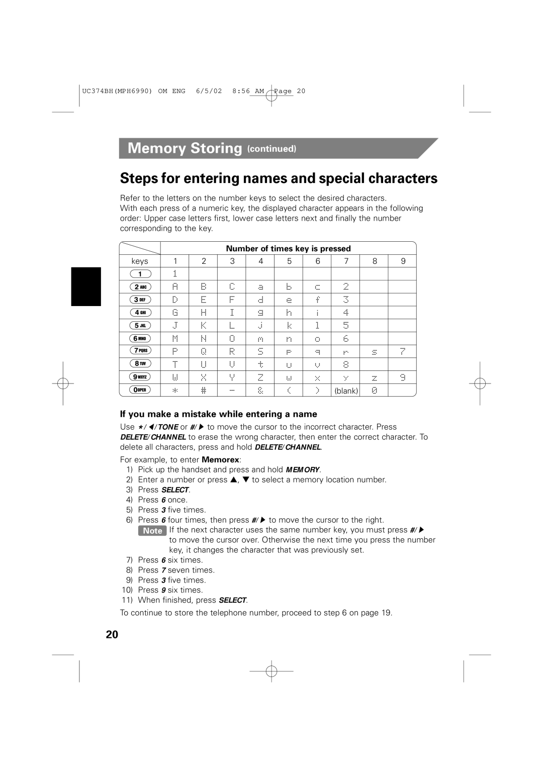 Memorex MPH6990 owner manual Steps for entering names and special characters, If you make a mistake while entering a name 