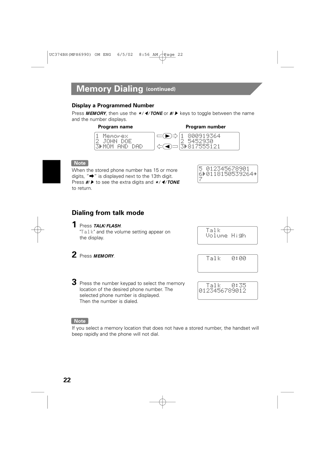 Memorex MPH6990 owner manual Dialing from talk mode, Display a Programmed Number, Program name Program number 