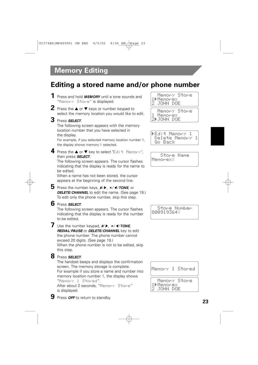 Memorex MPH6990 owner manual Memory Editing, Editing a stored name and/or phone number 