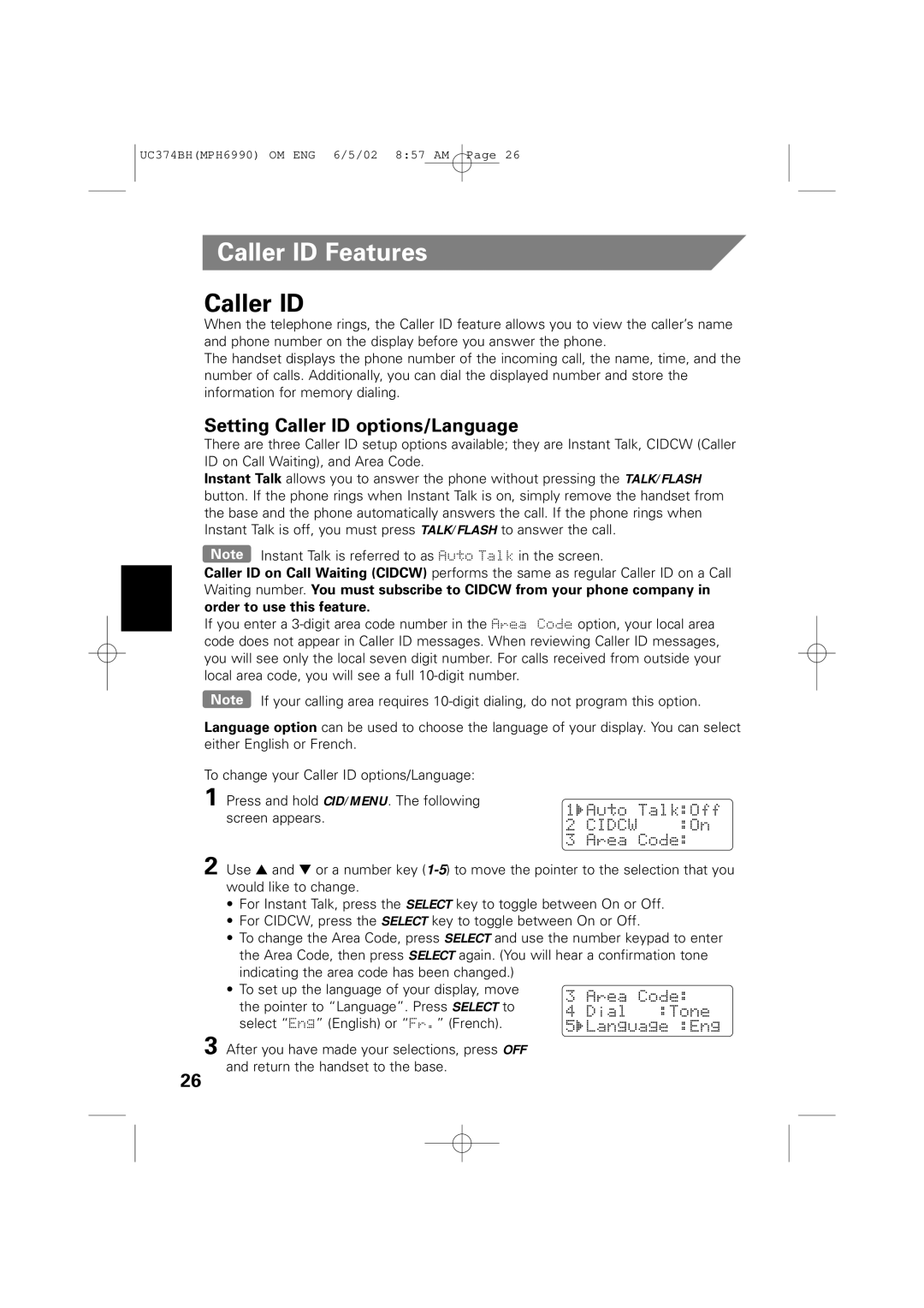 Memorex MPH6990 owner manual Caller ID Features, Setting Caller ID options/Language 