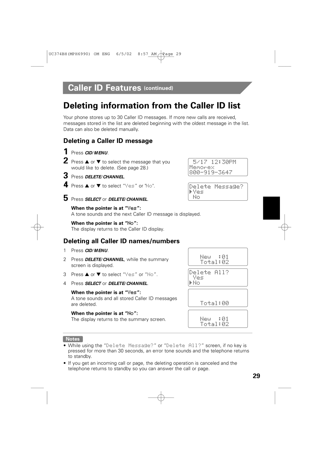 Memorex MPH6990 Deleting information from the Caller ID list, Deleting a Caller ID message, When the pointer is at Yes 