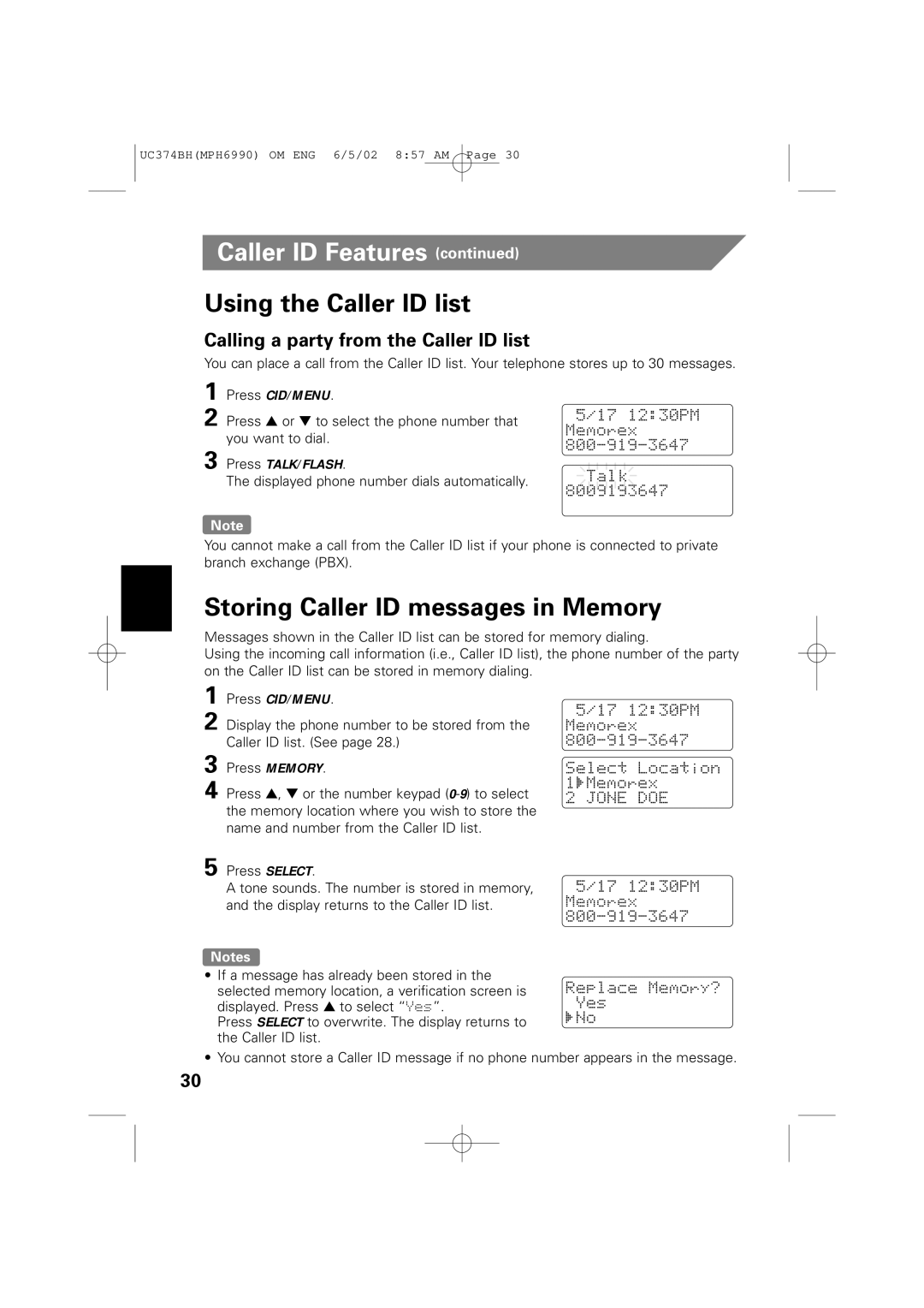 Memorex MPH6990 Using the Caller ID list, Storing Caller ID messages in Memory, Calling a party from the Caller ID list 