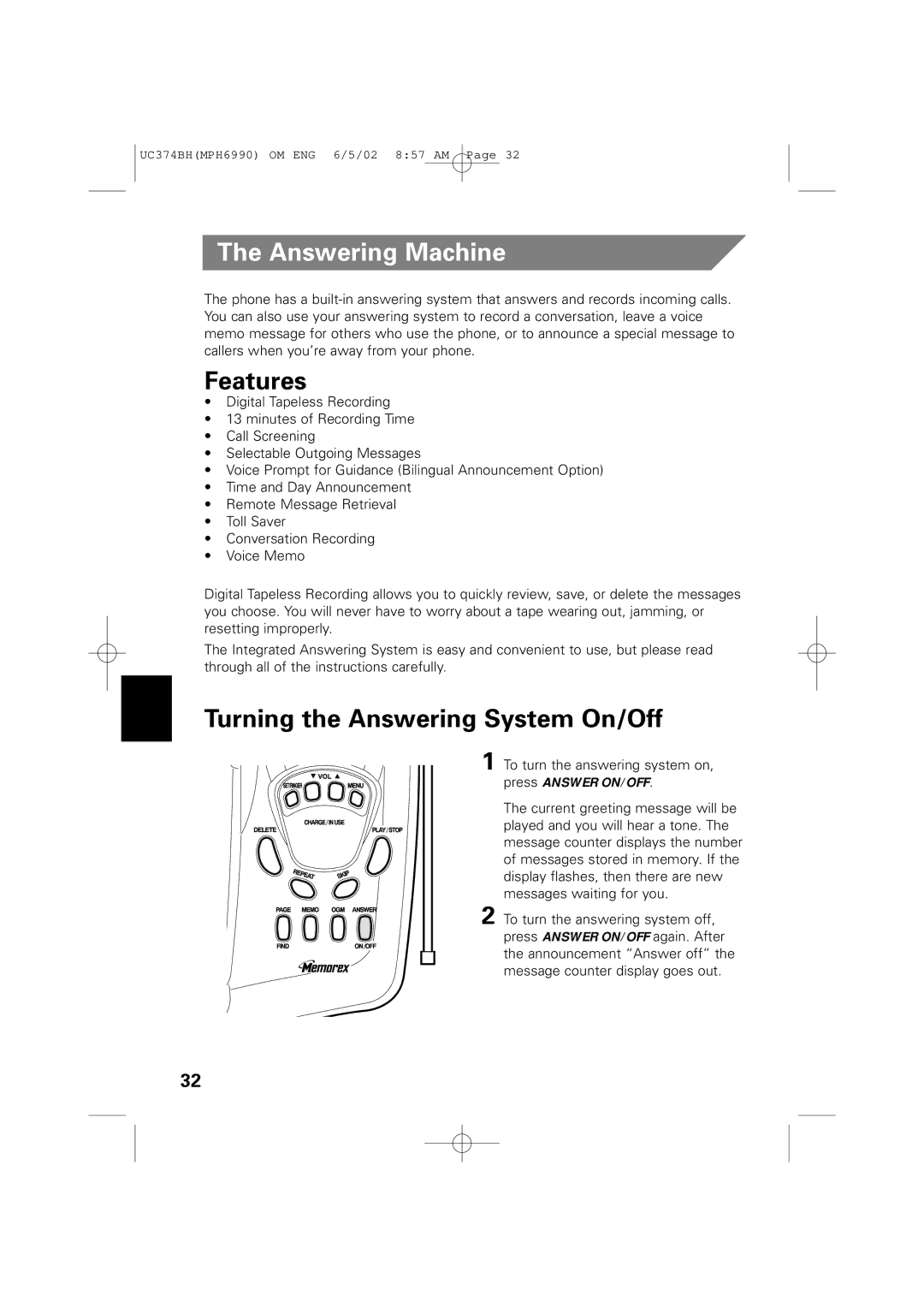 Memorex MPH6990 owner manual Answering Machine, Turning the Answering System On/Off 