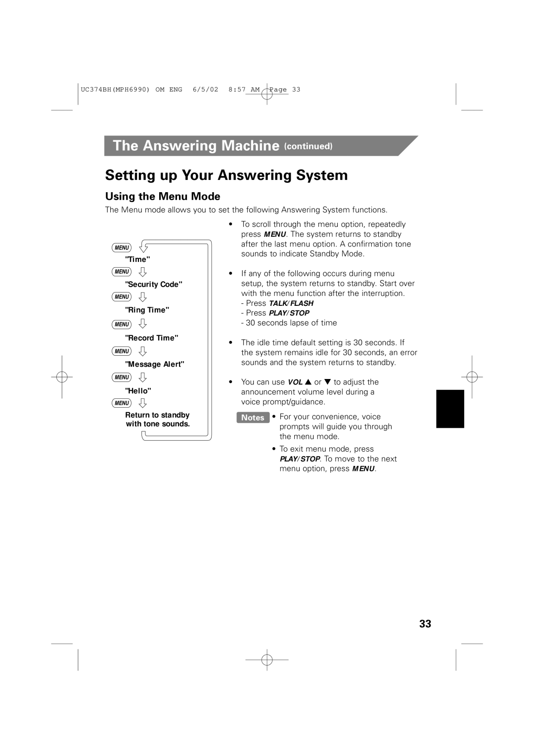 Memorex MPH6990 owner manual Setting up Your Answering System, Using the Menu Mode 