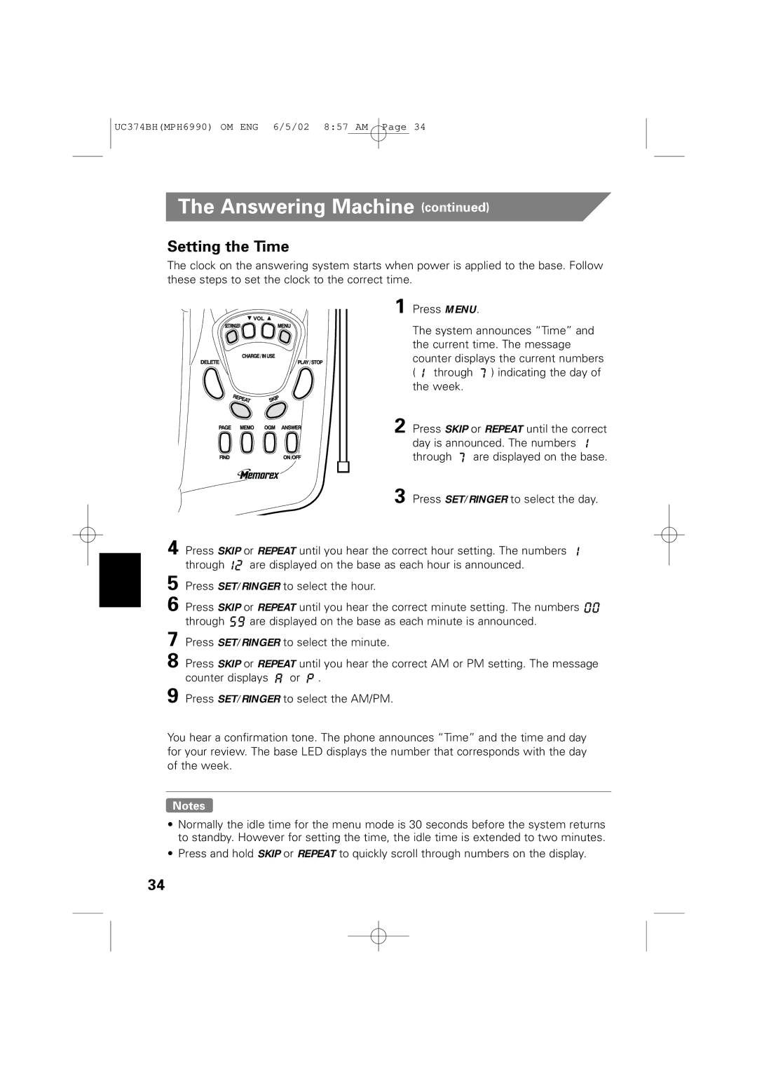 Memorex MPH6990 owner manual Setting the Time 