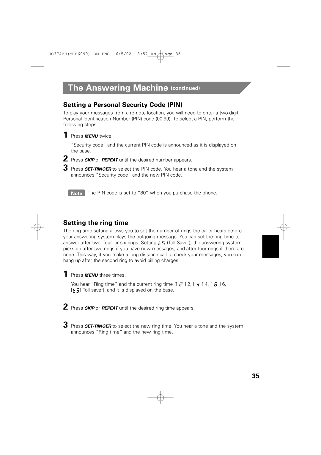 Memorex MPH6990 owner manual Setting the ring time 