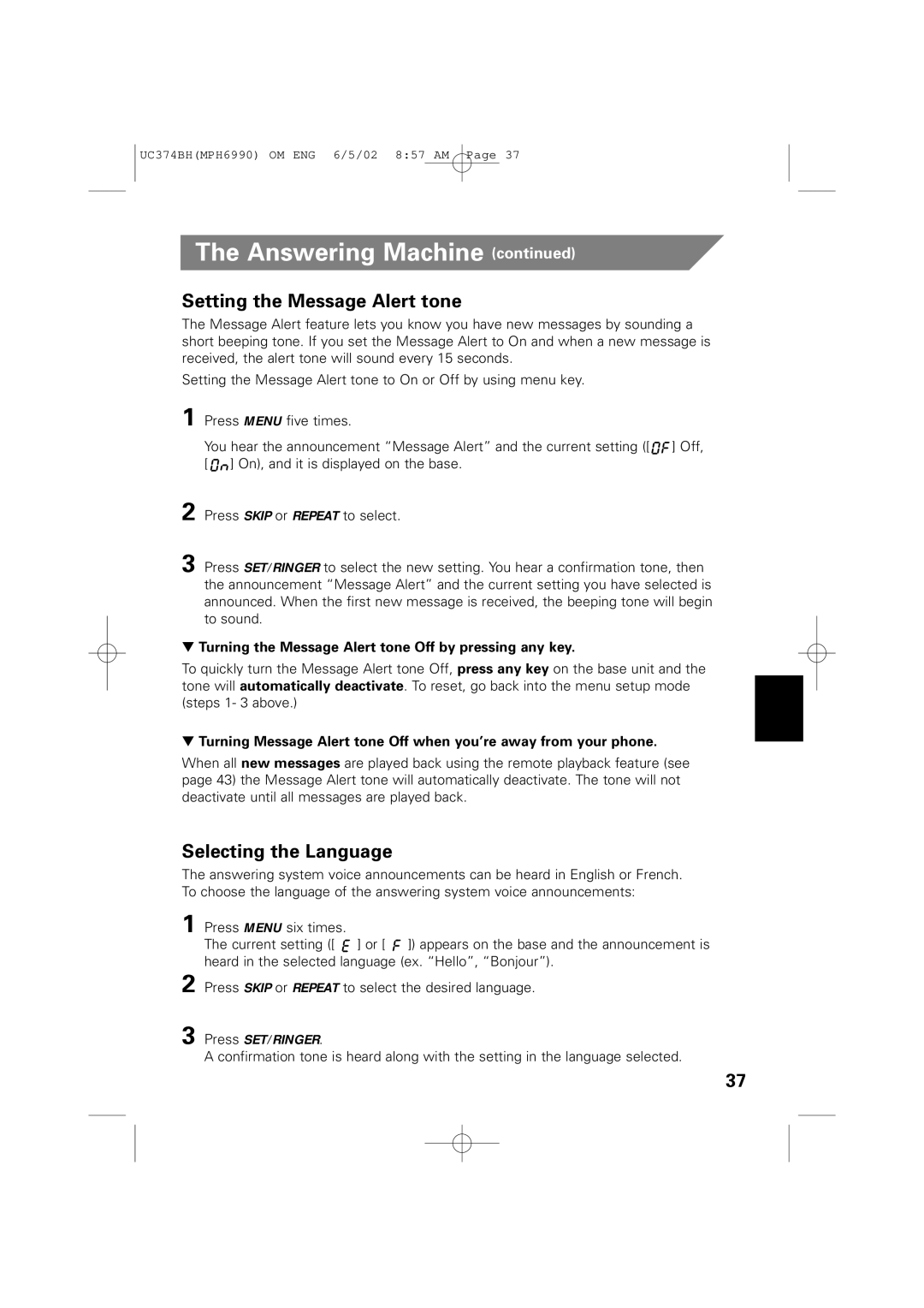 Memorex MPH6990 owner manual Setting the Message Alert tone, Selecting the Language 