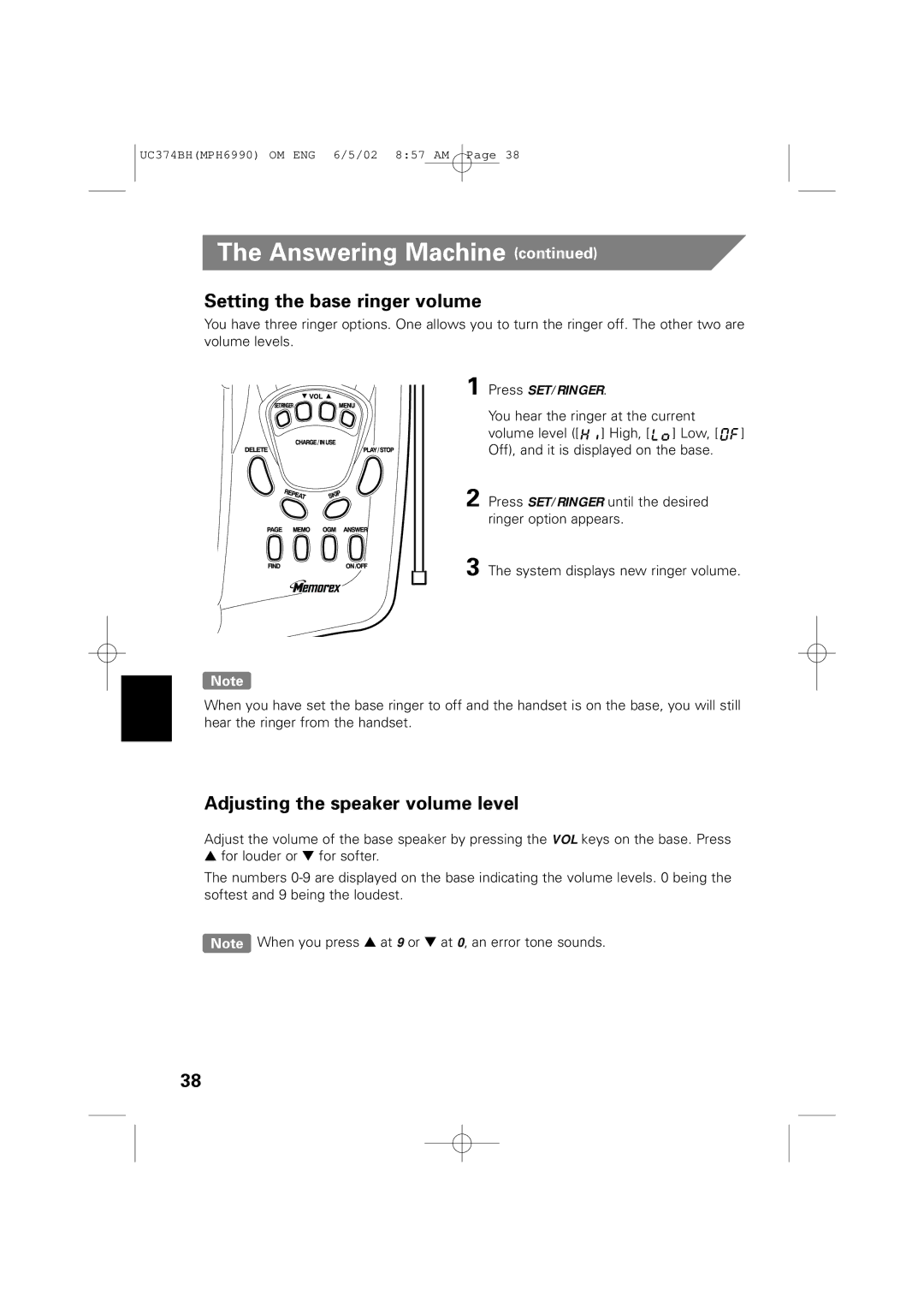 Memorex MPH6990 owner manual Setting the base ringer volume, Adjusting the speaker volume level 