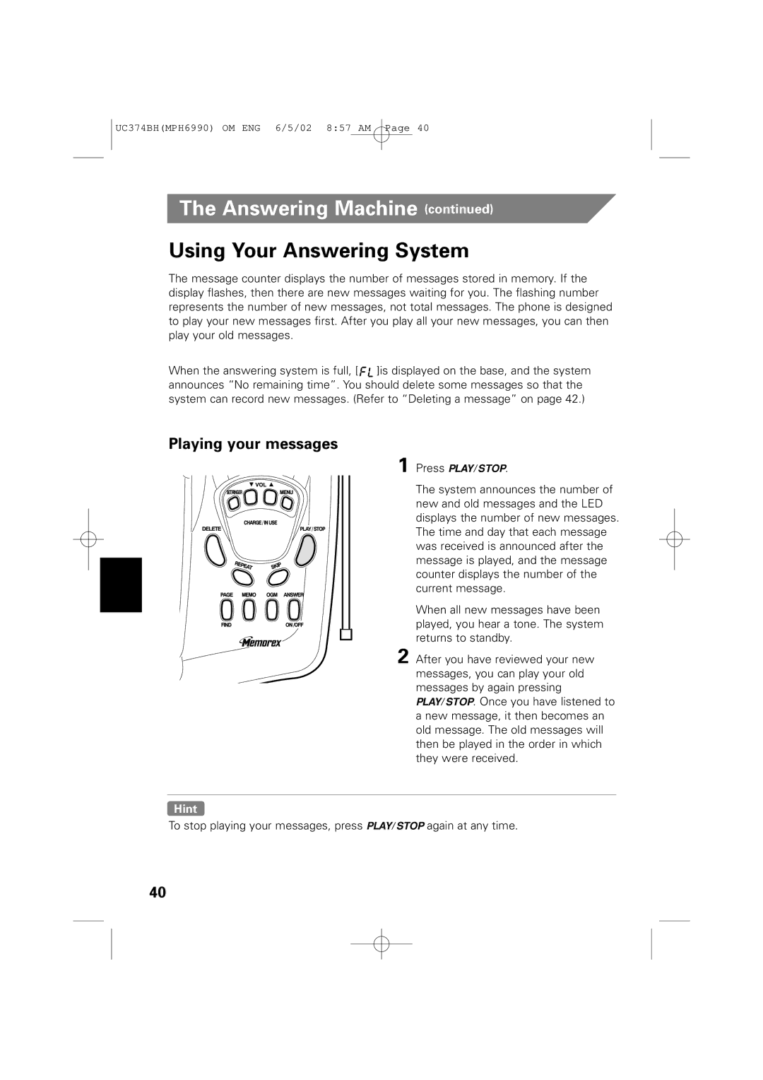 Memorex MPH6990 owner manual Using Your Answering System, Playing your messages 