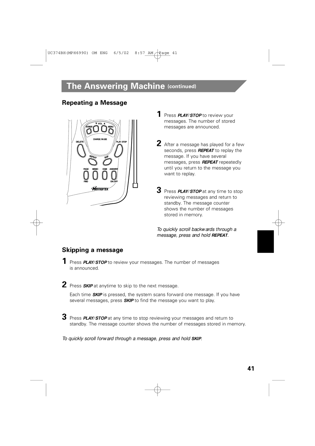 Memorex MPH6990 owner manual Repeating a Message, Skipping a message 