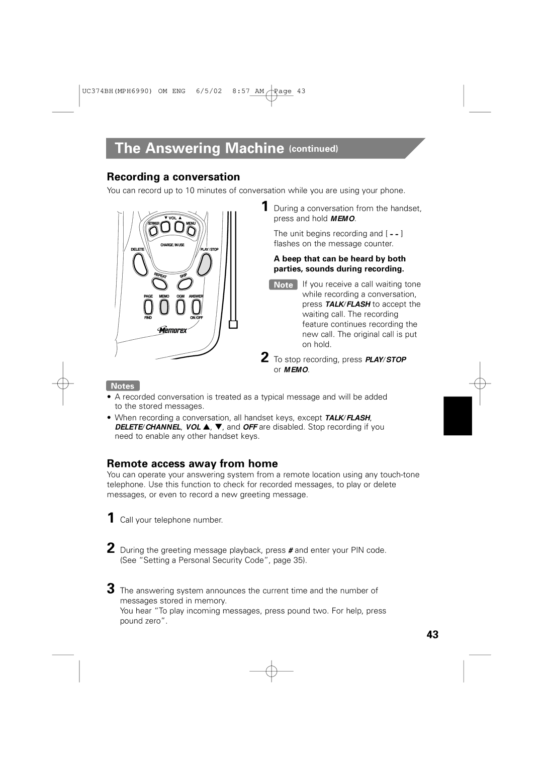 Memorex MPH6990 owner manual Recording a conversation, Remote access away from home 