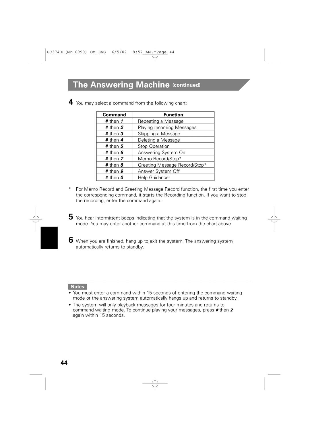 Memorex MPH6990 owner manual Command Function 