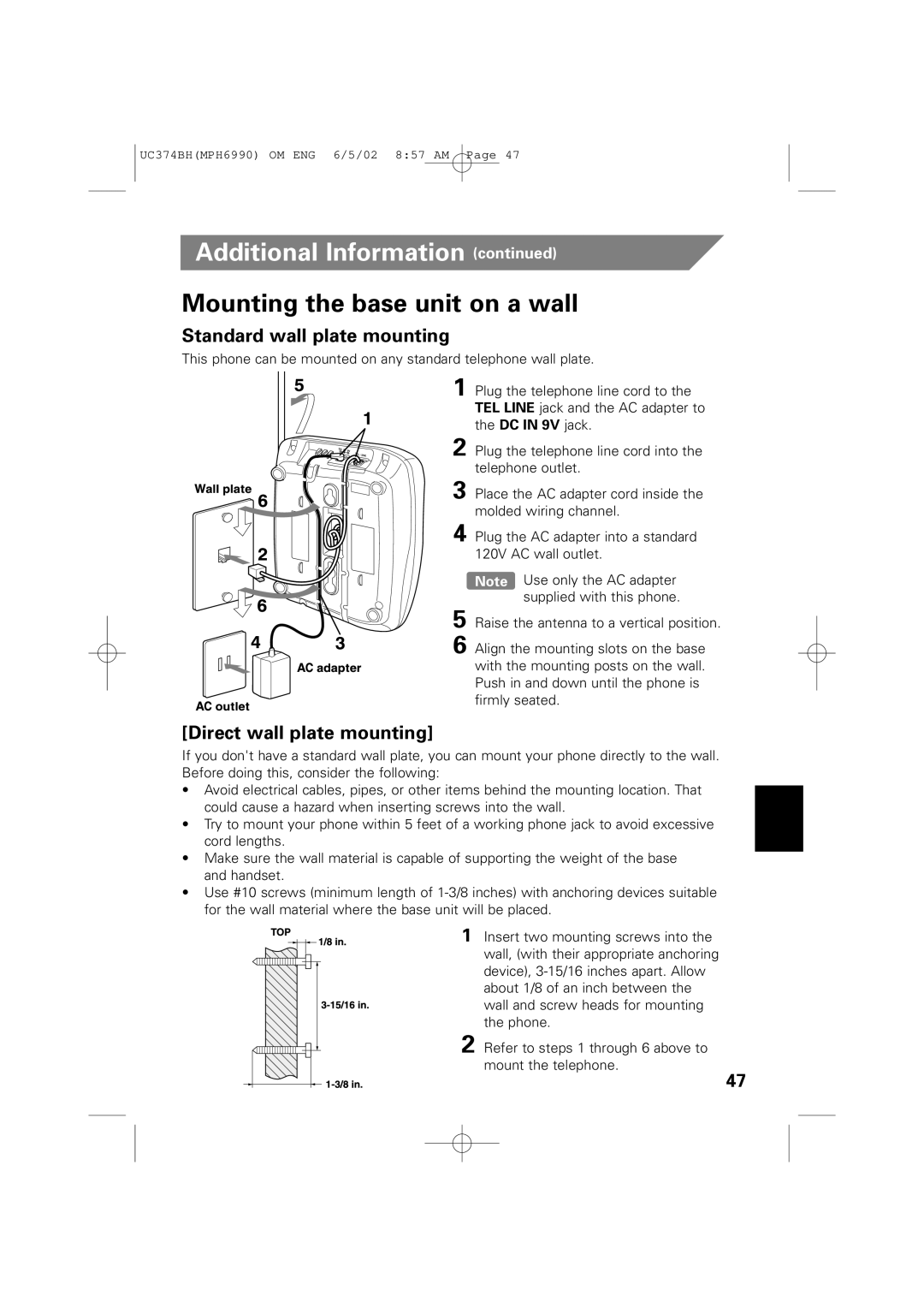 Memorex MPH6990 owner manual Mounting the base unit on a wall, Standard wall plate mounting, Direct wall plate mounting 