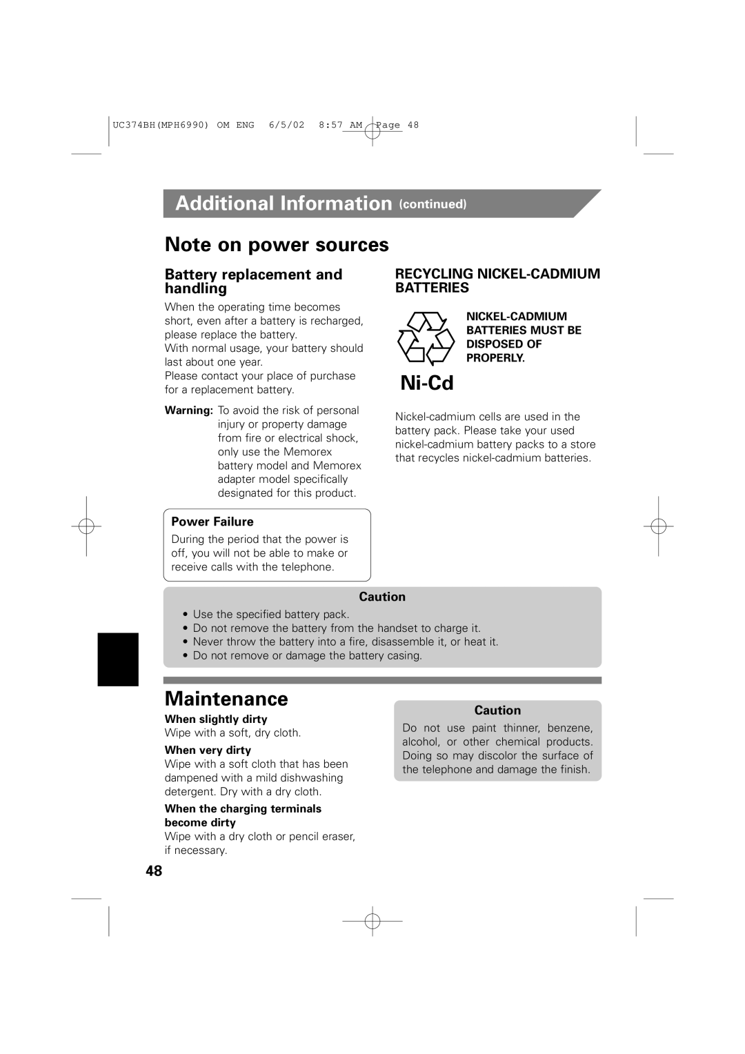 Memorex MPH6990 owner manual Ni-Cd, Maintenance, Battery replacement and handling, Power Failure 