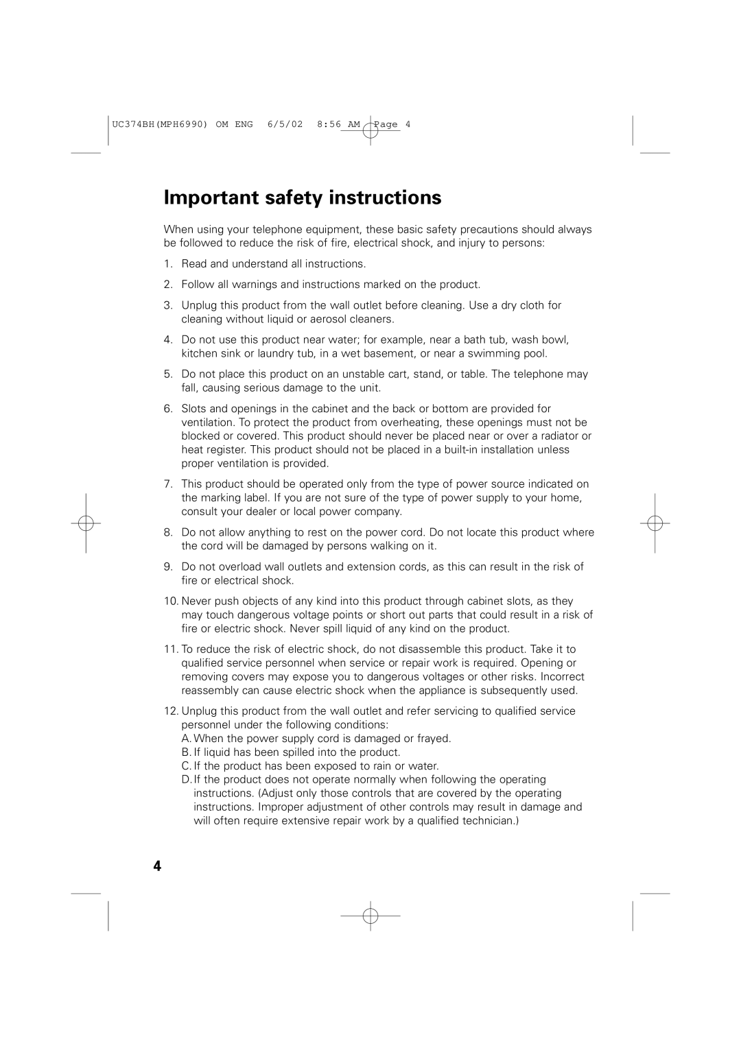 Memorex MPH6990 owner manual Important safety instructions 