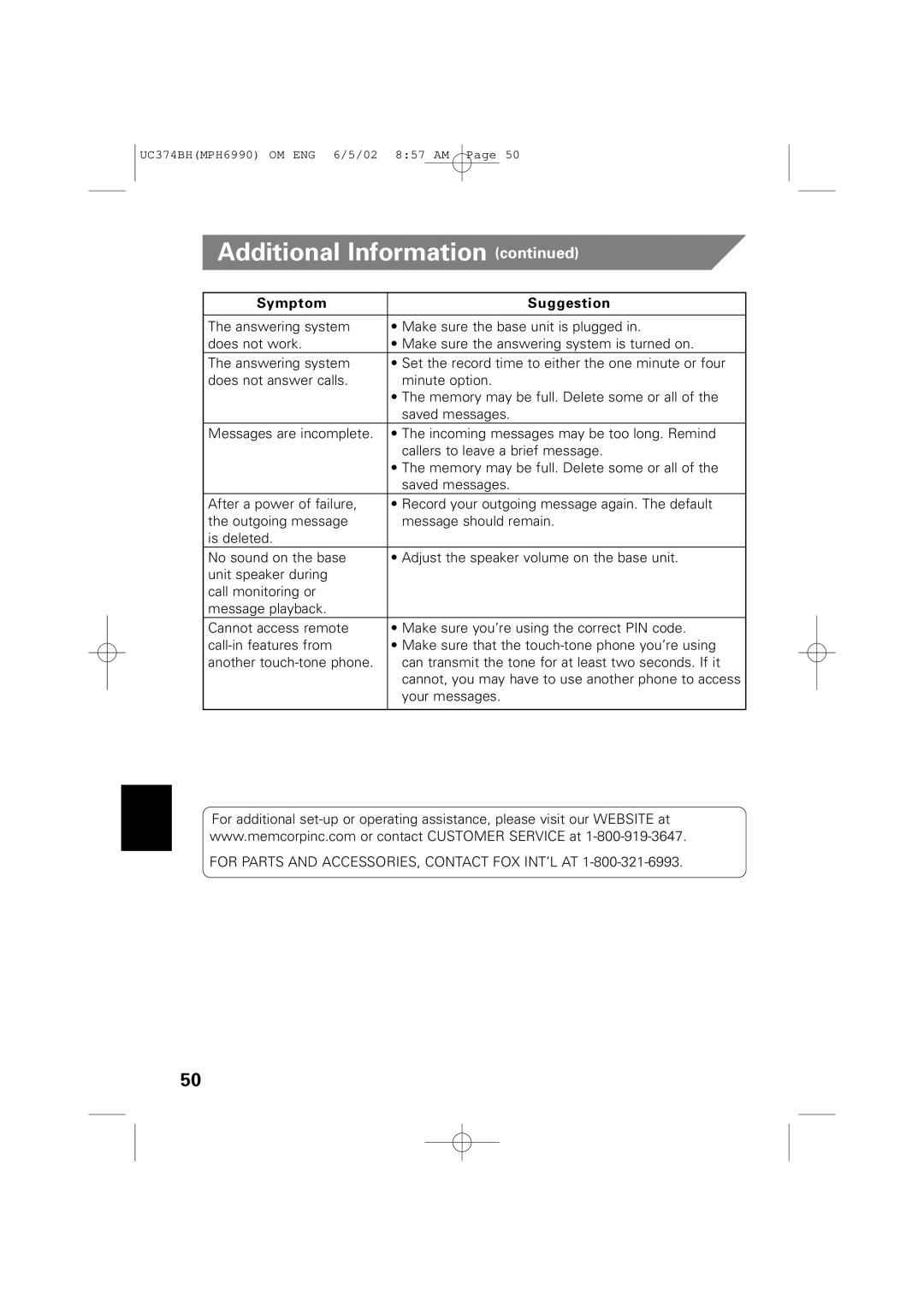 Memorex MPH6990 owner manual For Parts and ACCESSORIES, Contact FOX INT’L AT 