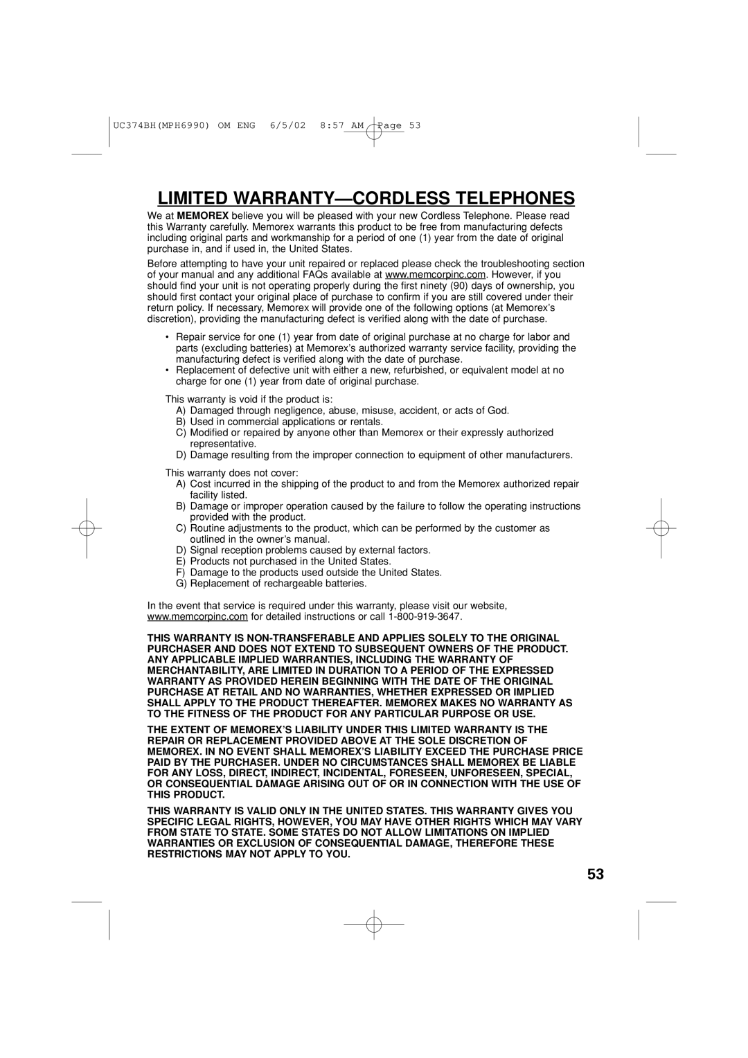 Memorex MPH6990 owner manual Limited WARRANTY-CORDLESS Telephones 