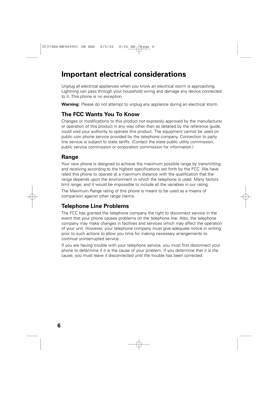 Memorex MPH6990 owner manual Important electrical considerations, FCC Wants You To Know, Range, Telephone Line Problems 