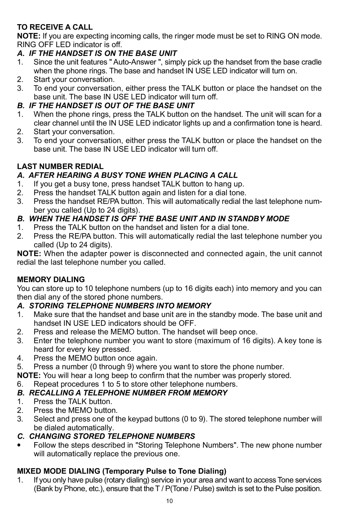 Memorex MPH7825 manual If the Handset is on the Base Unit, If the Handset is OUT of the Base Unit 