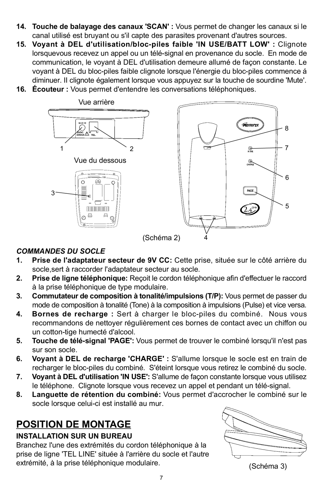 Memorex MPH7825 manual Position DE Montage, Commandes DU Socle, Installation SUR UN Bureau 