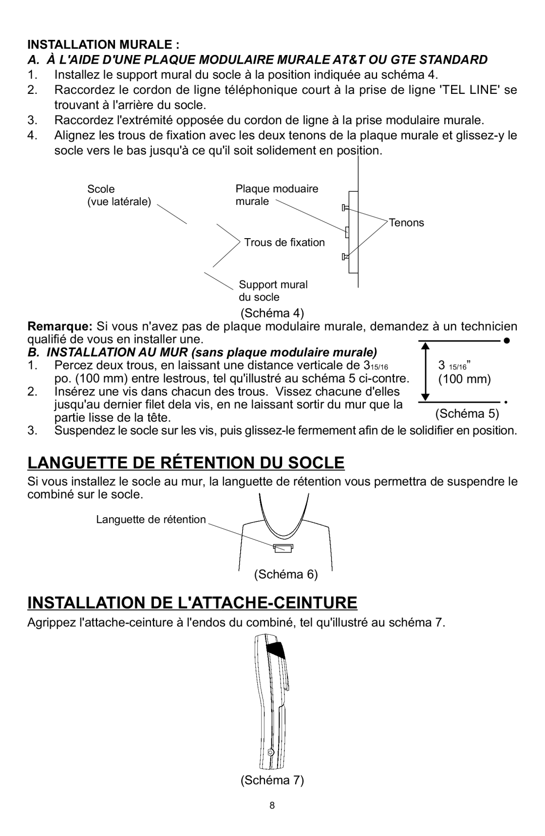 Memorex MPH7825 manual Languette DE RƒTENTION DU Socle, Installation DE LATTACHE-CEINTURE, Installation Murale 