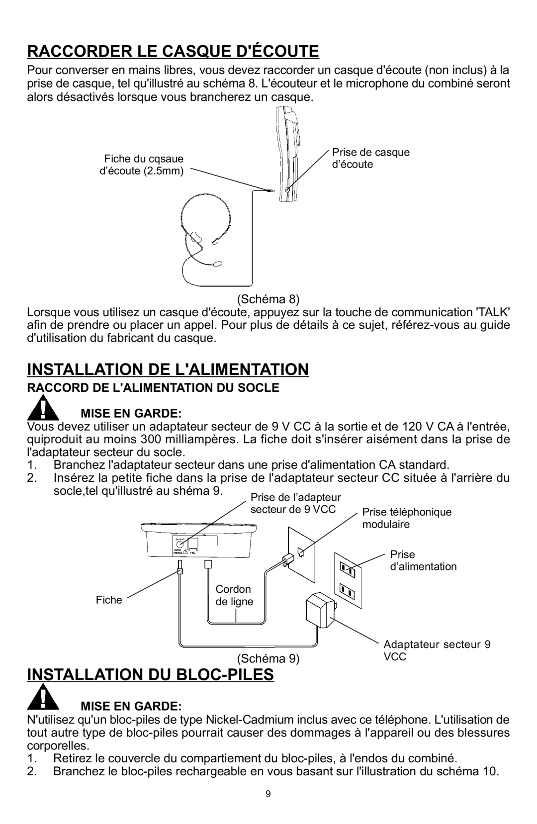 Memorex MPH7825 manual Raccorder LE Casque DƒCOUTE, Installation DE Lalimentation, Installation DU BLOC-PILES 