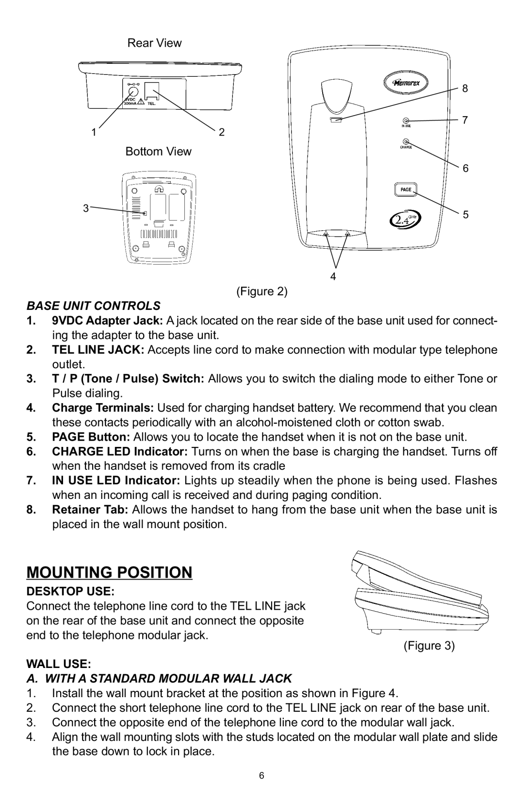 Memorex MPH7825 manual Mounting Position, Base Unit Controls, Desktop USE, Wall USE, With a Standard Modular Wall Jack 