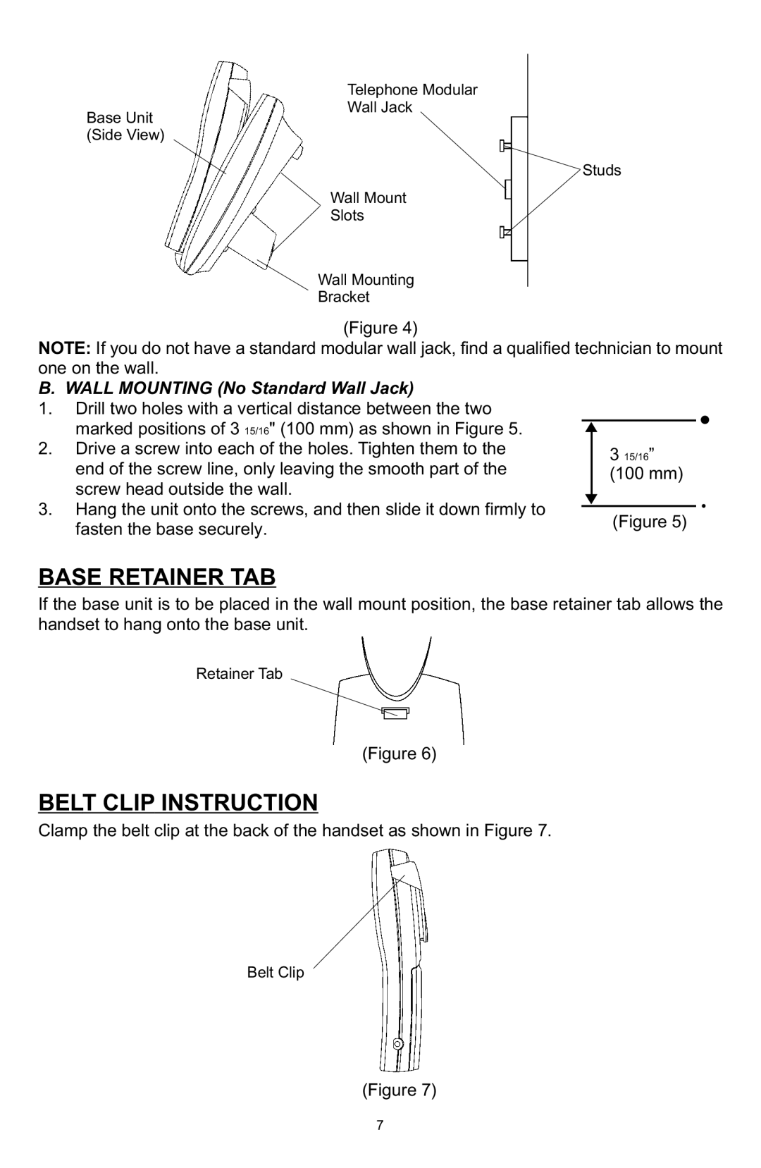 Memorex MPH7825 manual Base Retainer TAB, Belt Clip Instruction, Wall Mounting No Standard Wall Jack 