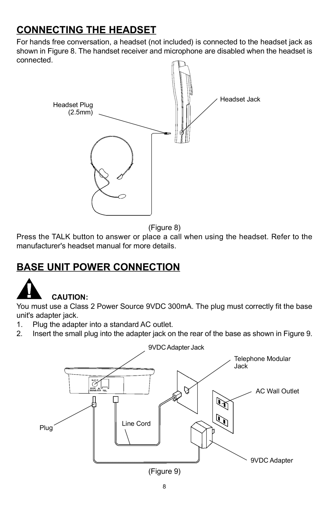 Memorex MPH7825 manual Connecting the Headset, Base Unit Power Connection 