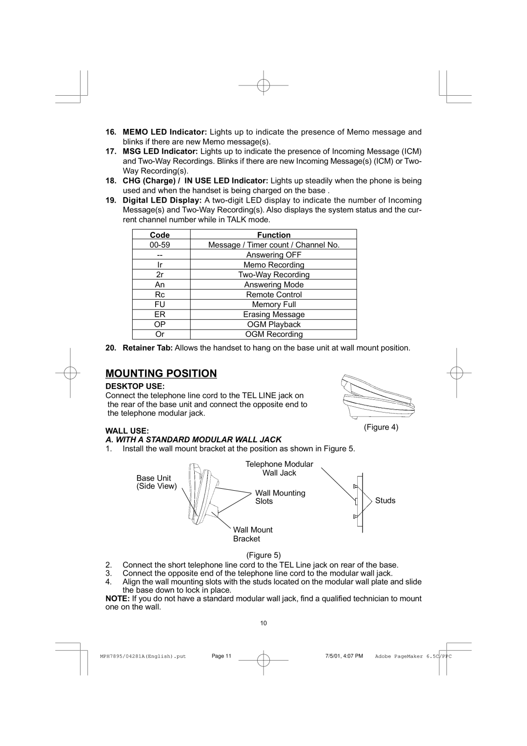 Memorex MPH7895 manual Mounting Position, Code Function, Desktop USE, Wall USE, With a Standard Modular Wall Jack 