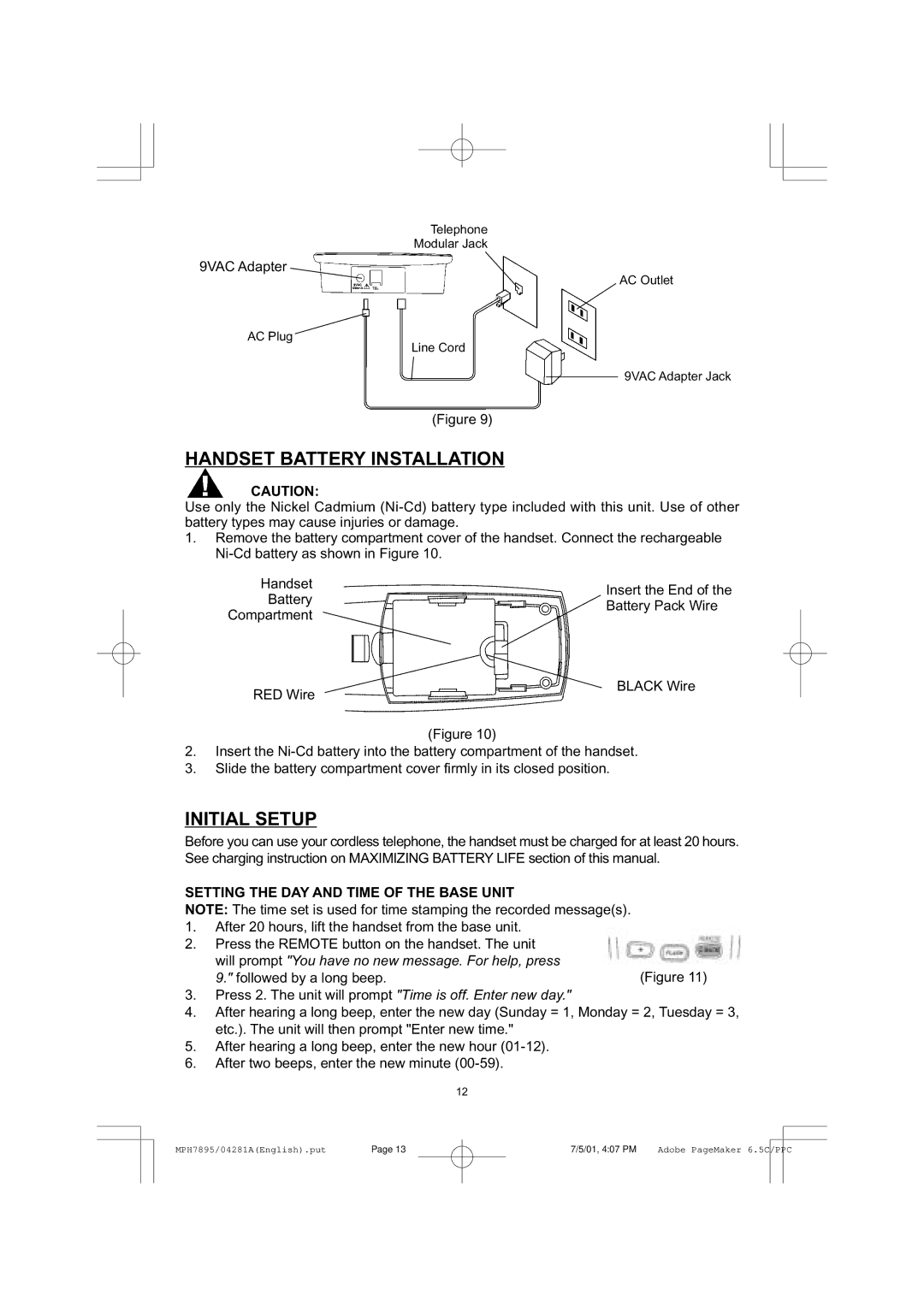 Memorex MPH7895 manual Handset Battery Installation, Initial Setup, Setting the DAY and Time of the Base Unit 