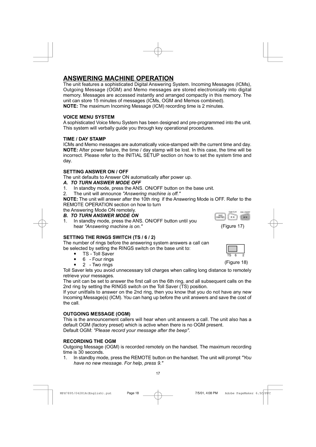 Memorex MPH7895 manual Answering Machine Operation, To Turn Answer Mode OFF, To Turn Answer Mode on 