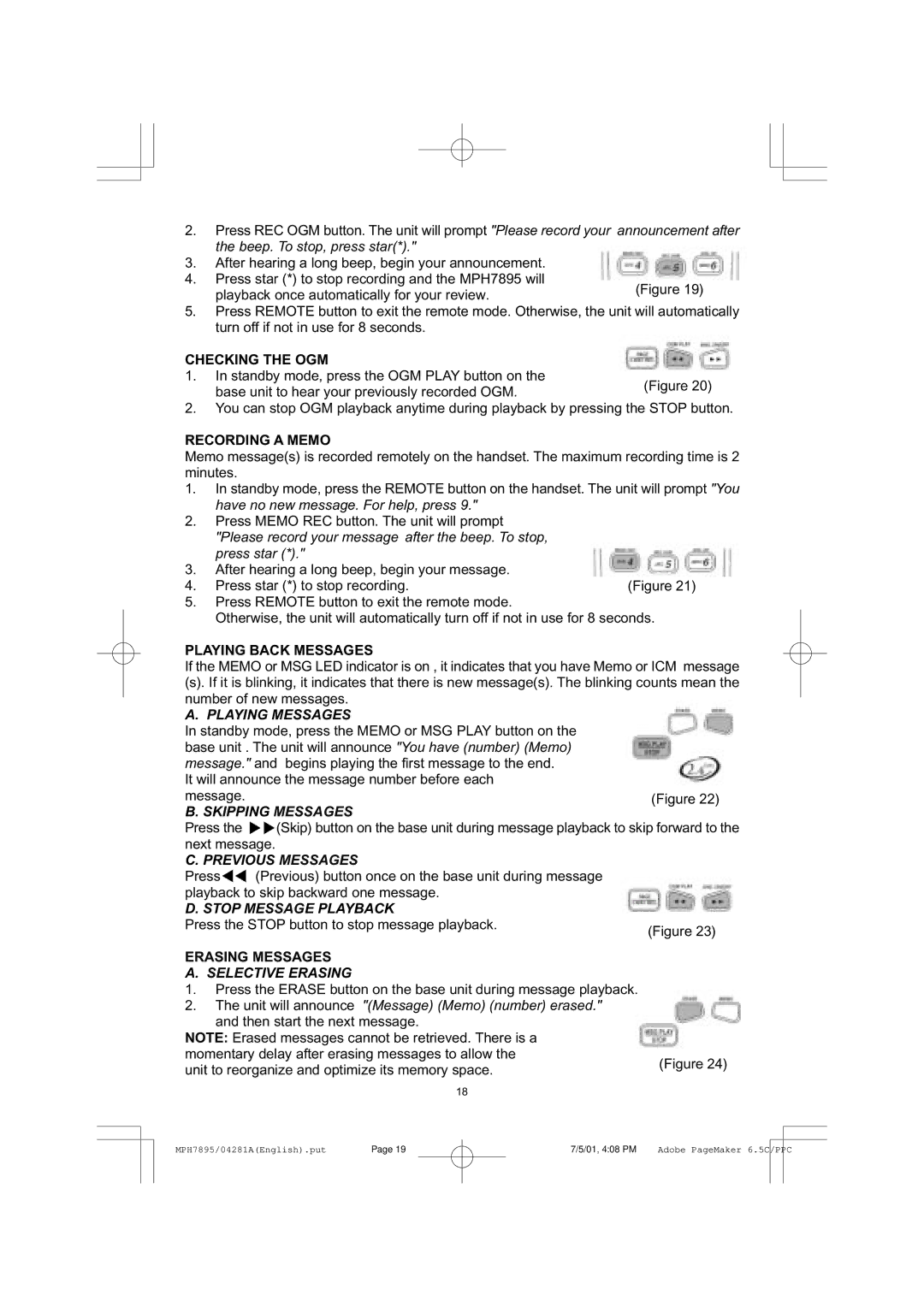 Memorex MPH7895 manual Playing Messages, Skipping Messages, Previous Messages, Stop Message Playback, Selective Erasing 